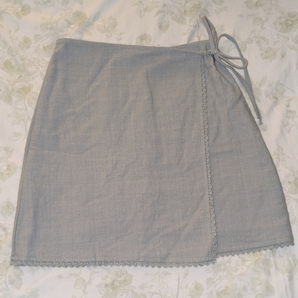 Light Gray Wrap Mini Skirt with Lace Trim